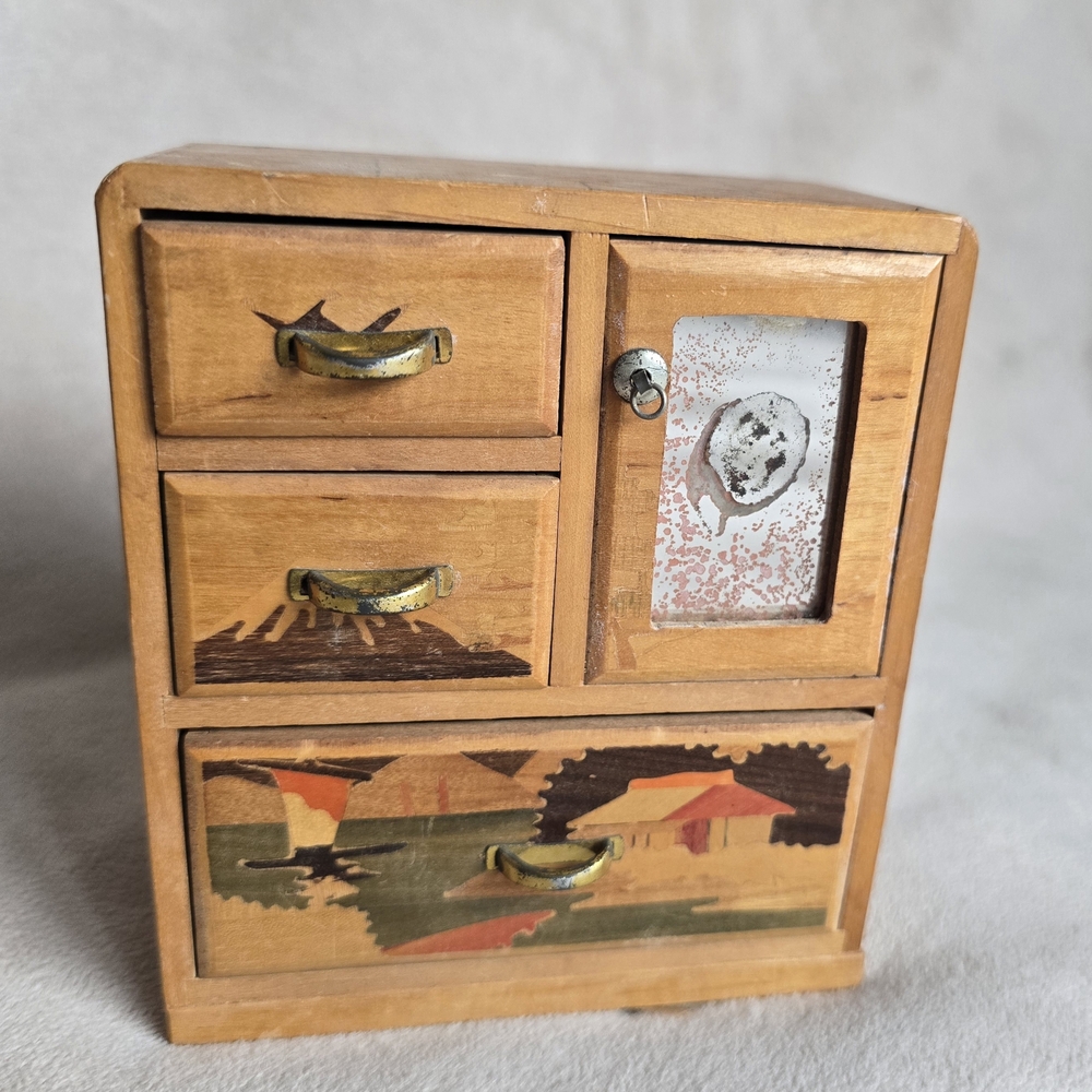 Vintage Japanese Marquetry Wood Mini Dresser Jewelry Box - Hand Painted Scenes -